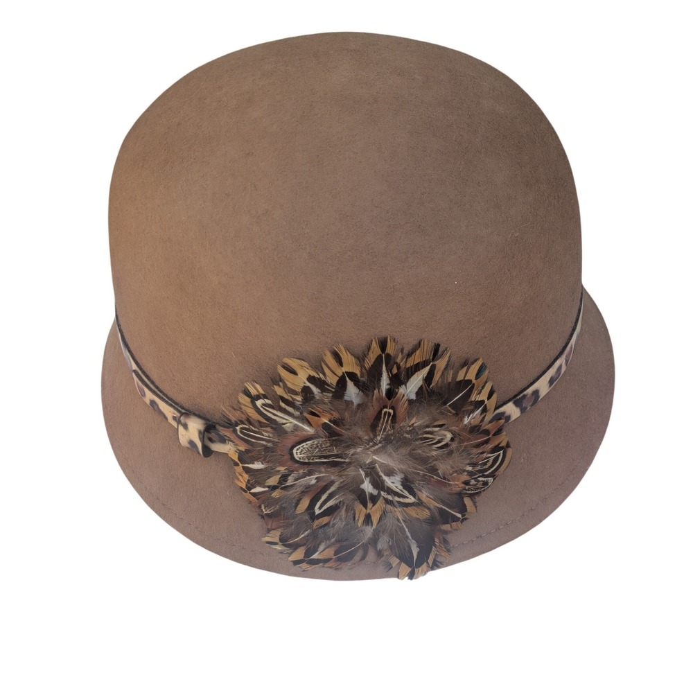 Vintage Style 100% Wool Cloche Hat Brown Feather Flower Flapper RN17730 - Picture 2 of 5